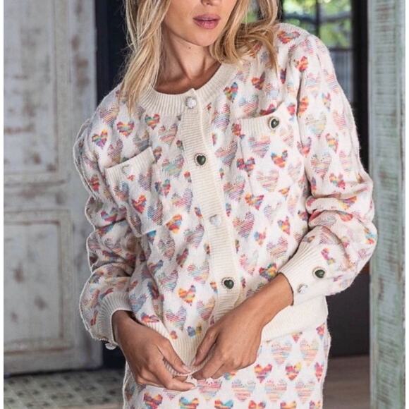 POL Pastel Heart Cardigan Sweater Large Heart Pearl Button Up Cream Grandmacore - Picture 1 of 11